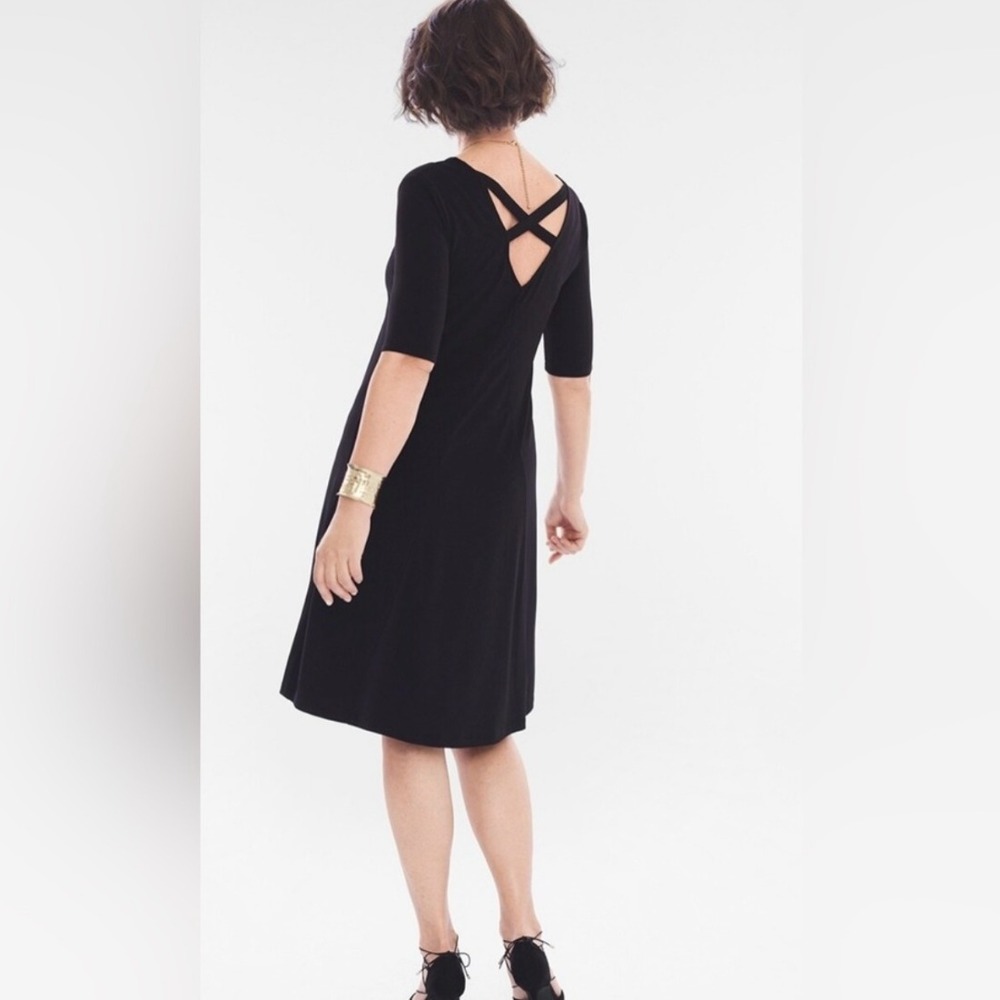 Chicos Criss Cross Back Black Dress Petite 1 M Medium 8 V Neck A Line Loose Mini
